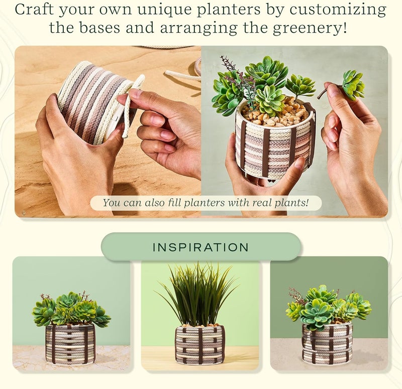 LifeLines FlowCrafts, Cord-Wrapped Planters - Create 2 Unique Planters with Cords in Multi-Colors, Leather Accents, Faux Plant Stems & Decorative Stones - Sensory Arts & Crafts Kit for Teens & Adults - Image 4